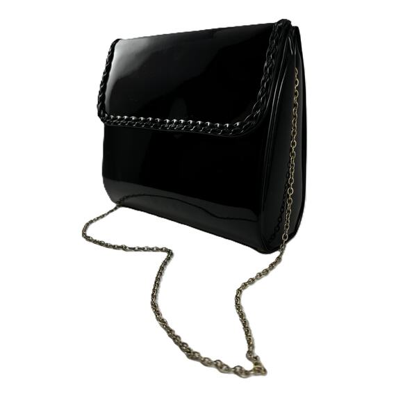 Vintage Midcentury Ande Handbag Black Clutch Purse Patent Leather with Chain - Picture 4 of 16